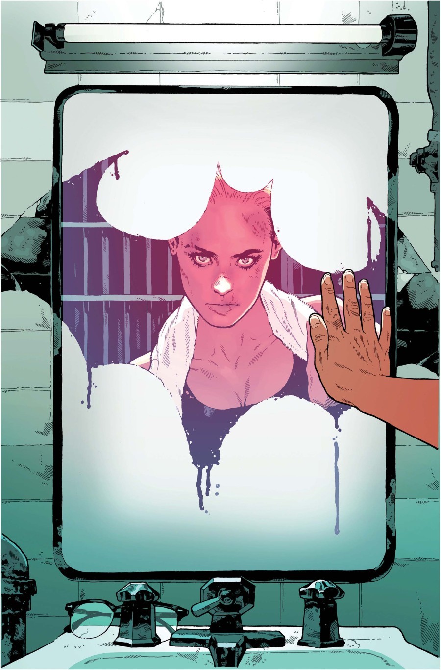 A cover from the newer Batgirl series where she's in prison. She looks at the viewer through a reflection in a steamy mirror. She's wiped the steam from the mirror and wall in a way that makes the Bat symbol.
