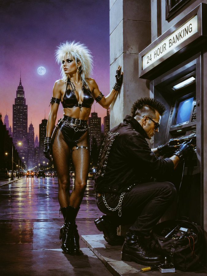 A woman with a spiked hair style is the lookout for a man who's hacking an ATM. She's dressed in a leather two-piece, fishnet stockings, and leather boots. He's dressed in all black, wearing shades, and a bag of tools sits on the ground beside him.